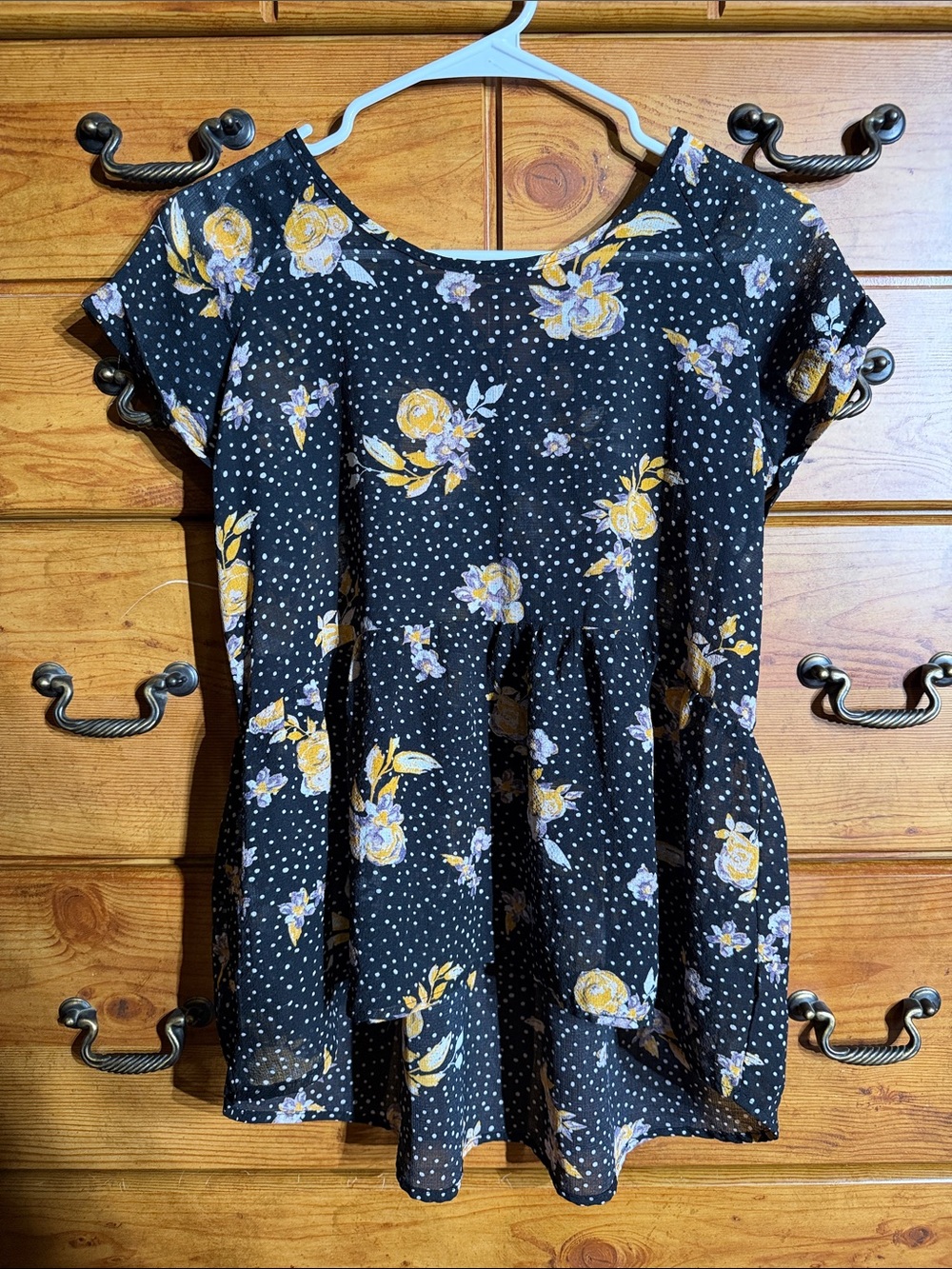 Xhilaration Black Floral Peplum Top with Yellow Accents